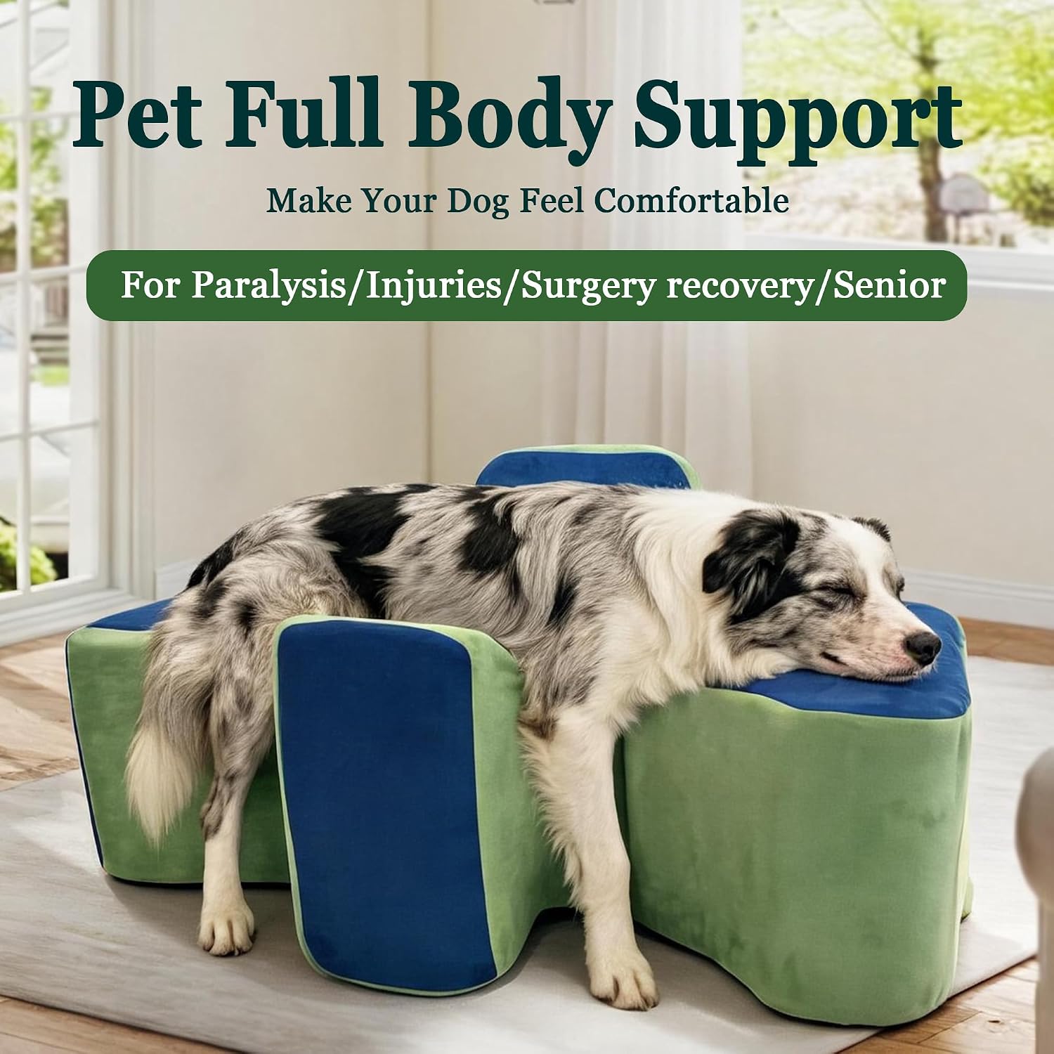 Dog resting with the KLAPUW full-body support cradle