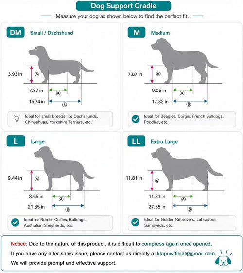 KLAPUW dog support cradle size guide for M and L